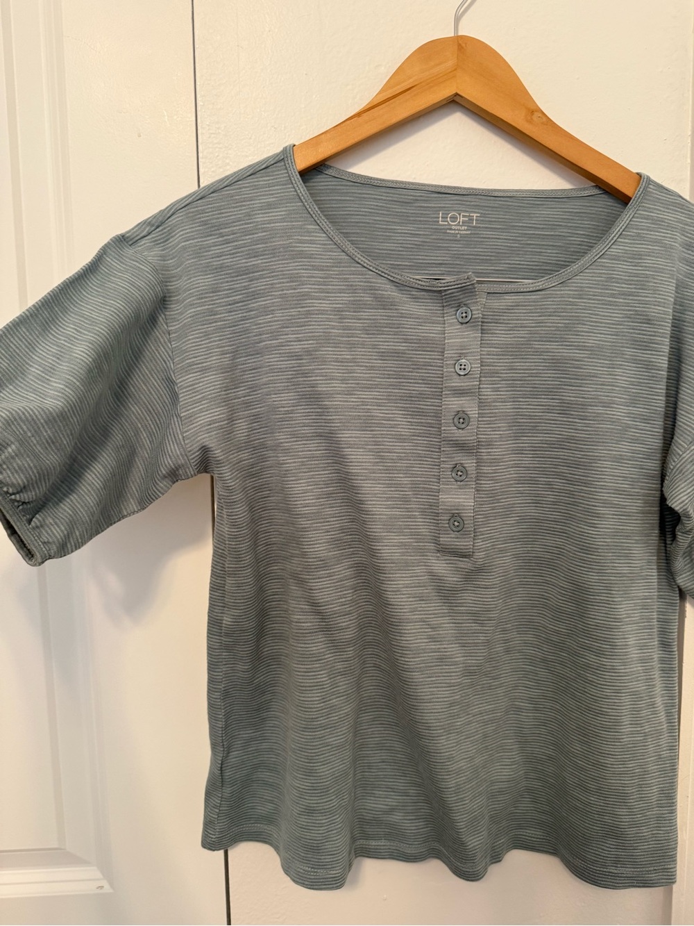 LOFT Short Sleeve Henley Top in Dusty Teal Stripe - Picture 3 of 4